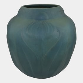 Van Briggle 1920s Vintage Art Pottery Blue Ceramic Flower and Leaves Vase 754