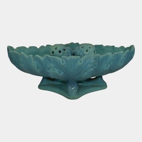 Van Briggle Pottery 1940s Blue Large Console Bowl And Acorn Flower Frog