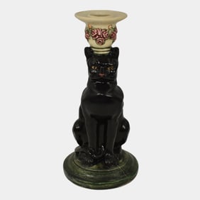 Weller Brighton Roma Vintage Pottery Black Cat Ceramic Candle Holder
