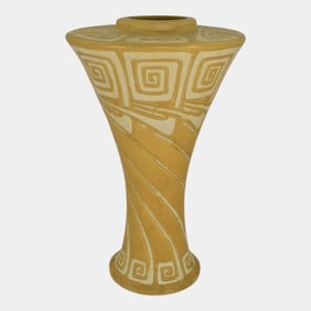 Weller Camelot 1914 Vintage Art Pottery Yellow Geometric Tall Vase