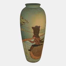 Weller Dickens Ware 1900s Vintage Pottery Man Fishing Scenic Vase Dunlavy