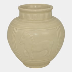 Rookwood 1935 Vintage Mid Century Modern Pottery Matte Ivory Horse Vase 6498
