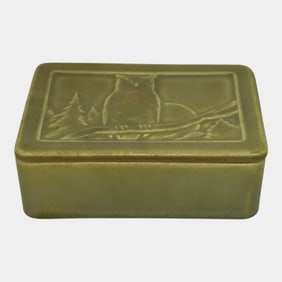 Rookwood 1942 Vintage Arts And Crafts Pottery Green Covered Owl Box 6574