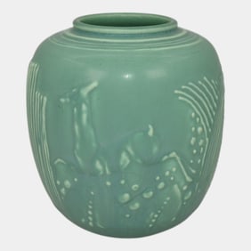 Rookwood Pottery 1931 Art Deco Pottery Matte Green Blue Prancing Deer Vase 6214