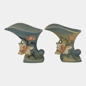 Roseville Magnolia Blue 1943 Vintage Pottery Ceramic Cornucopia Vases 184-6
