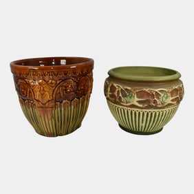 Roseville Normandy 1924 609-7 and Weller Majolica Lion Head Jardiniere Planter