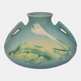 Roseville Thornapple Blue 1937 Vintage Art Deco Pottery Ceramic Squat Vase 808-4
