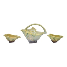 Roseville Wincraft Green 1948 Pottery Teapot, Sugar Bowl, Creamer Tea Set 271