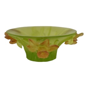 Daum Nancy France Pate De Verre Art Glass Green Orange Daffodil Glass Dish
