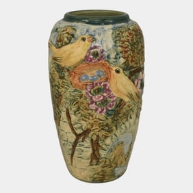 Weller Glendale 1920s Vintage Art Pottery Birds With Nest Ceramic Vase