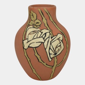 Weller Etched Matte 1905 Vintage Art Pottery White Roses Orange Ceramic Vase 503