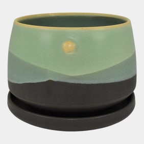 Ephraim Faience Elemental Art Pottery Green Stoneware Flower Pot Planter Saucer