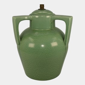 Haeger 1920s Art Deco Pottery Matte Green Handled Lamp Vase