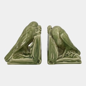Rookwood 1944 Vintage Art Pottery Green Rook Ceramic Bookends 2274