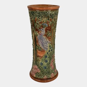 Weller Knifewood 1910s Vintage Pottery Peacock Ceramic Vase