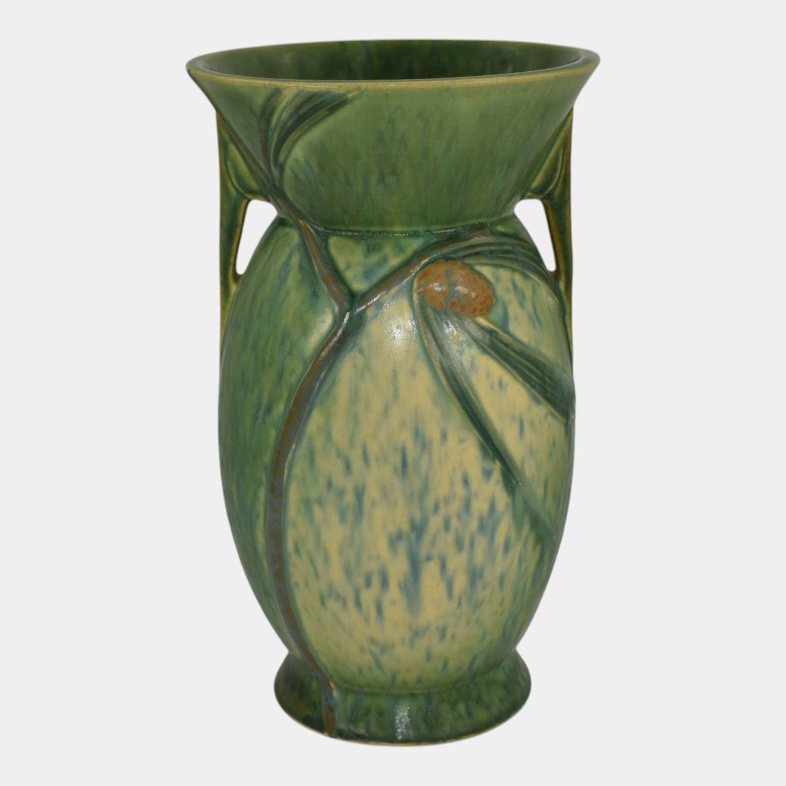Roseville Futura 1928 Vintage Art Deco Pine Cone Green Ceramic Vase 433-10