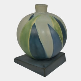 Roseville Futura Blue 1928 Vintage Art Deco Pottery Bamboo Leaf Ball Vase 387-7