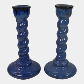 Fulper Art Deco Pottery Blue Glaze Ceramic Twist Candle Holders