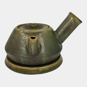 Fulper Arts And Crafts Pottery Matte Green Ceramic Teapot and Stand
