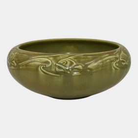 Rookwood 1921 Vintage Arts And Crafts Pottery Green Repeating Fish Bowl 2150