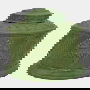 Roseville Egypto 1905 Matte Green Arts and Crafts Pottery Inkwell: We offer in house shipping on all items. Plus spend $2000 on winning bids and your shipping is free. Roseville Egypto 1905 Matte Green Arts and Crafts Pottery Inkwell Very rare matte green inkwell wit