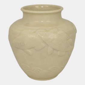 Rookwood 1937 Vintage Art Pottery Matte Ivory Ring Of Fish Ceramic Vase 6487