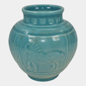 Rookwood 1945 Vintage Mid Century Modern Pottery Blue Horse Vase 6498