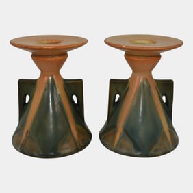Roseville Futura Tan 1928 Vintage Art Pottery Aztec Ladies Candle Holders 1072-4