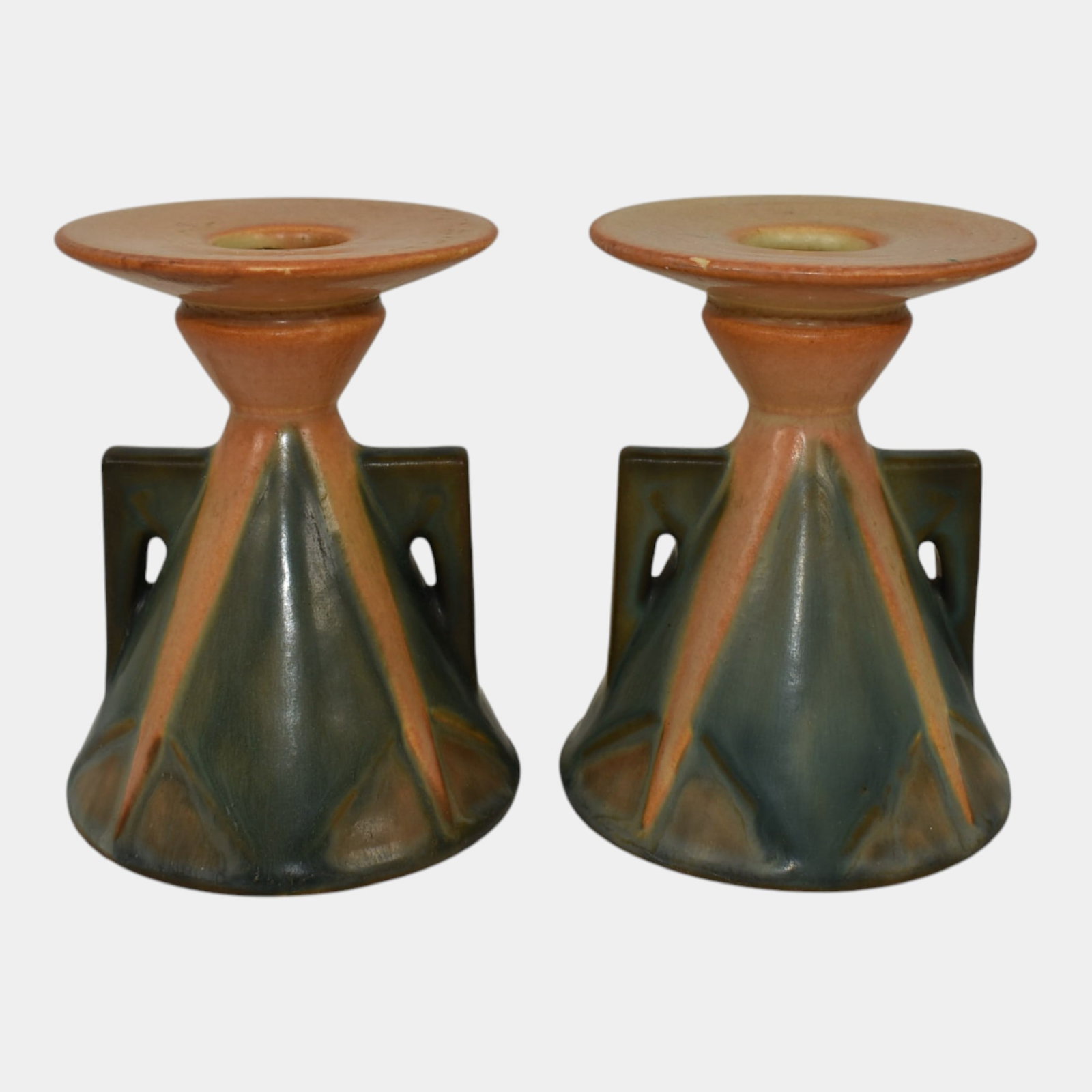 Roseville Futura Tan 1928 Vintage Art Pottery Aztec Ladies Candle Holders 1072-4 (1 of 6)