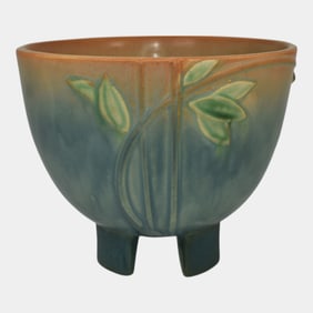Roseville Futura Tan Blue 1928 Vintage Art Deco Pottery Half Egg Vase 197-6