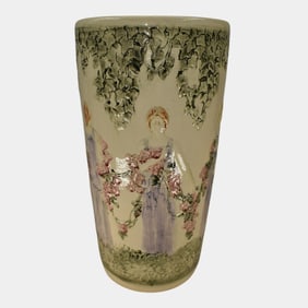 Weller Zona 1920s Art Pottery Woman Figural Scenic Umbrella Stand