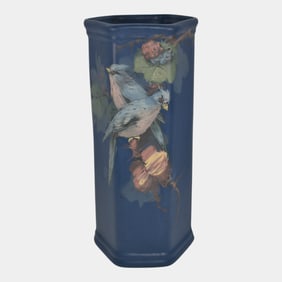 Weller Hudson 1920s Vintage Art Pottery Blue Birds Ceramic Vase