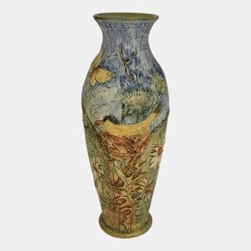 Weller Glendale 1920s Vintage Art Pottery Yellow Birds And Butterflies Tall Vase