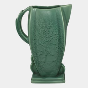 Delcroft Ware England Vintage Art Deco Pottery Green Ceramic Pitcher 726