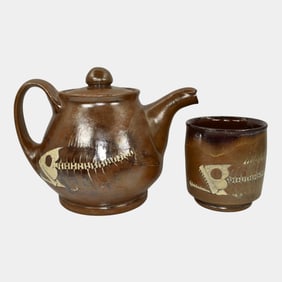 Bulldog Studio Seagrove North Carolina Pottery Fossil Fish Tea Pot Cup Gholson