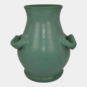 Cornelison Kentucky Hand Thrown Matte Green Loop Handled Pottery Vase