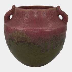 Fulper Double Handled Vase Wisteria Drip Over Matte Green