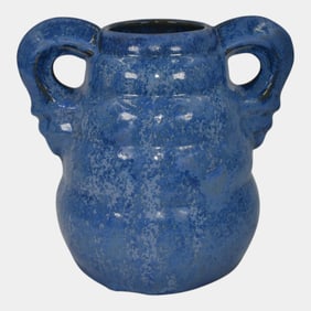 Fulper Pottery Ribbed Double Handled Blue Art Deco Vase 818