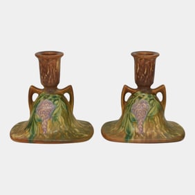 Roseville Wisteria Tan 1933 Vintage Pottery Candle Holders 1091-4