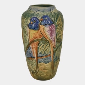 Weller Glendale 1920s Vintage Art Pottery Two Birds on a Branch Ceramic Vase