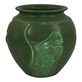 Ephraim Faience 2005 Hand Made Pottery Green Falling Gingko Ceramic Vase 244