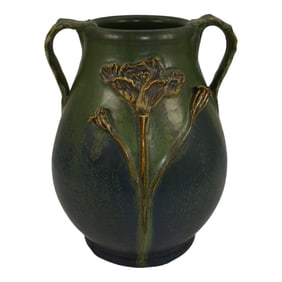 Ephraim Faience 2011 Hand Made Pottery Floral Blue Green Experimental Vase