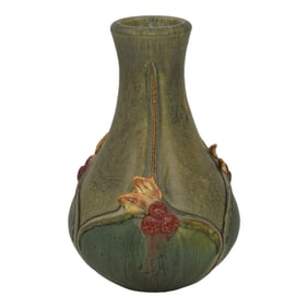 Ephraim Faience 2012 Hand Made Pottery Green Garland of Berries Bud Vase F13