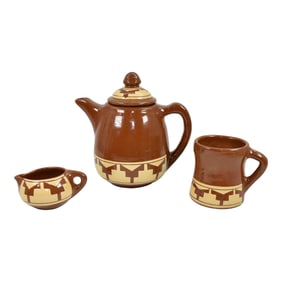 Pine Ridge Sioux Dakota Art Pottery Hand Made Brown 3 Piece Tea Set Irving