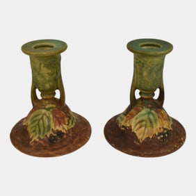 Roseville Blackberry 1932 Vintage Art Pottery Candle Holders 1086-4