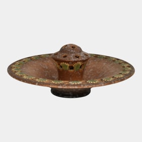 Roseville Ferella Tan 1930 Art Deco Pottery Flower Frog Bowl 87-8