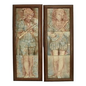 Trent Tile Company 1880s Vintage Art Pottery Musicians Ceramic Framed Tiles