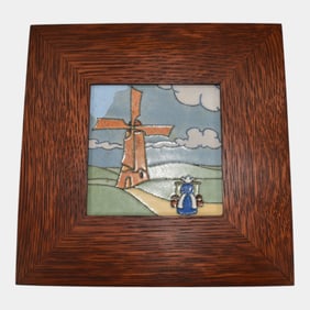 Flint Faience 1920s Hand Made Art Pottery Windmill And Woman Framed Ceramic Tile