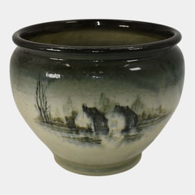 Roseville Rozane 1900s Art Pottery Green Scenic Ceramic Jardiniere Planter