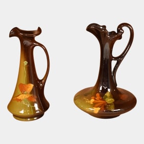 Roseville Rozane 1900s Art Pottery Two Standard Glaze Floral Ceramic Ewers